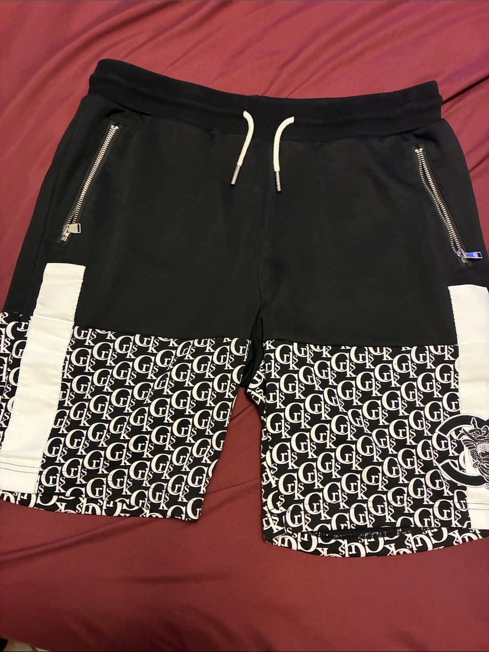 Crooks & Castles Black and White Monogram Panel Athletic Shorts